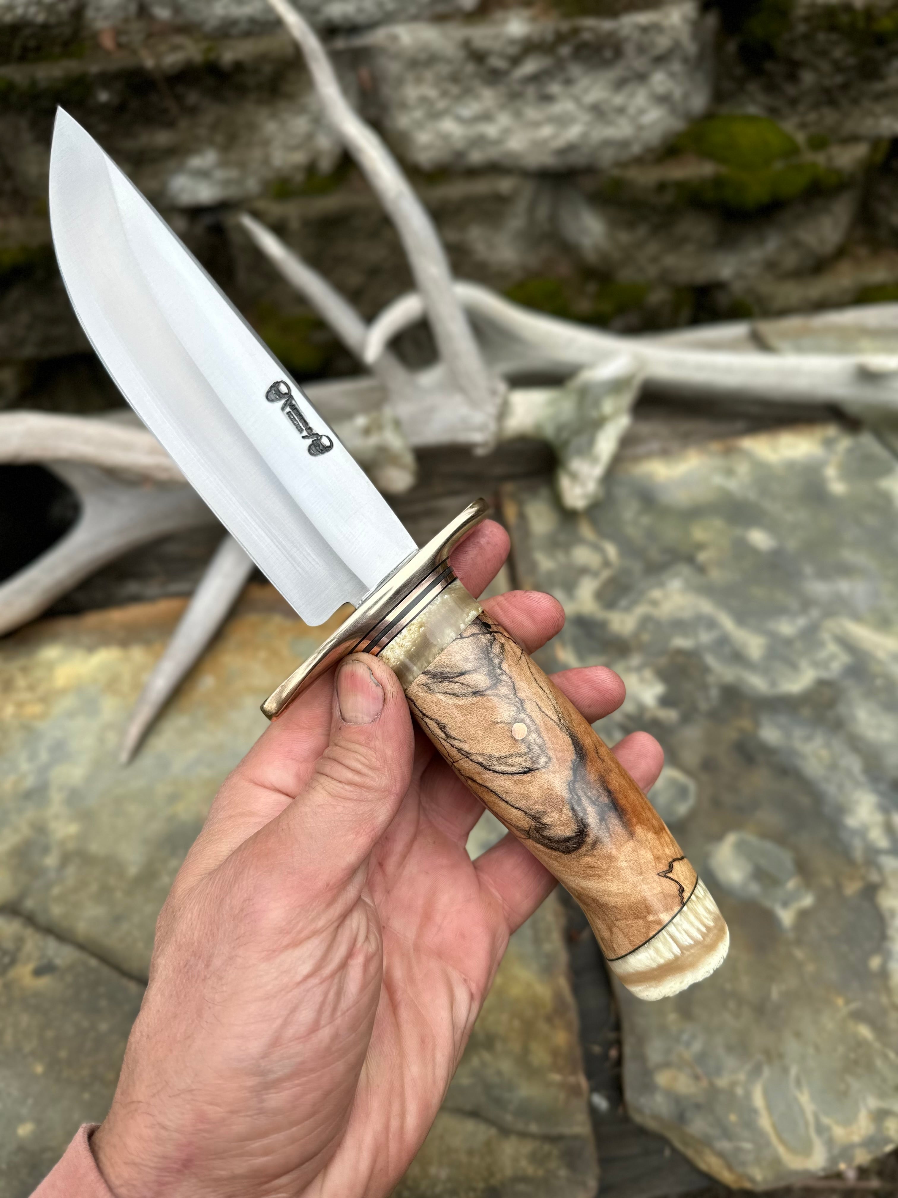 Flintknapped Knife 2024 Orange Fiber Optic on a Spalted Maple Handle with Base